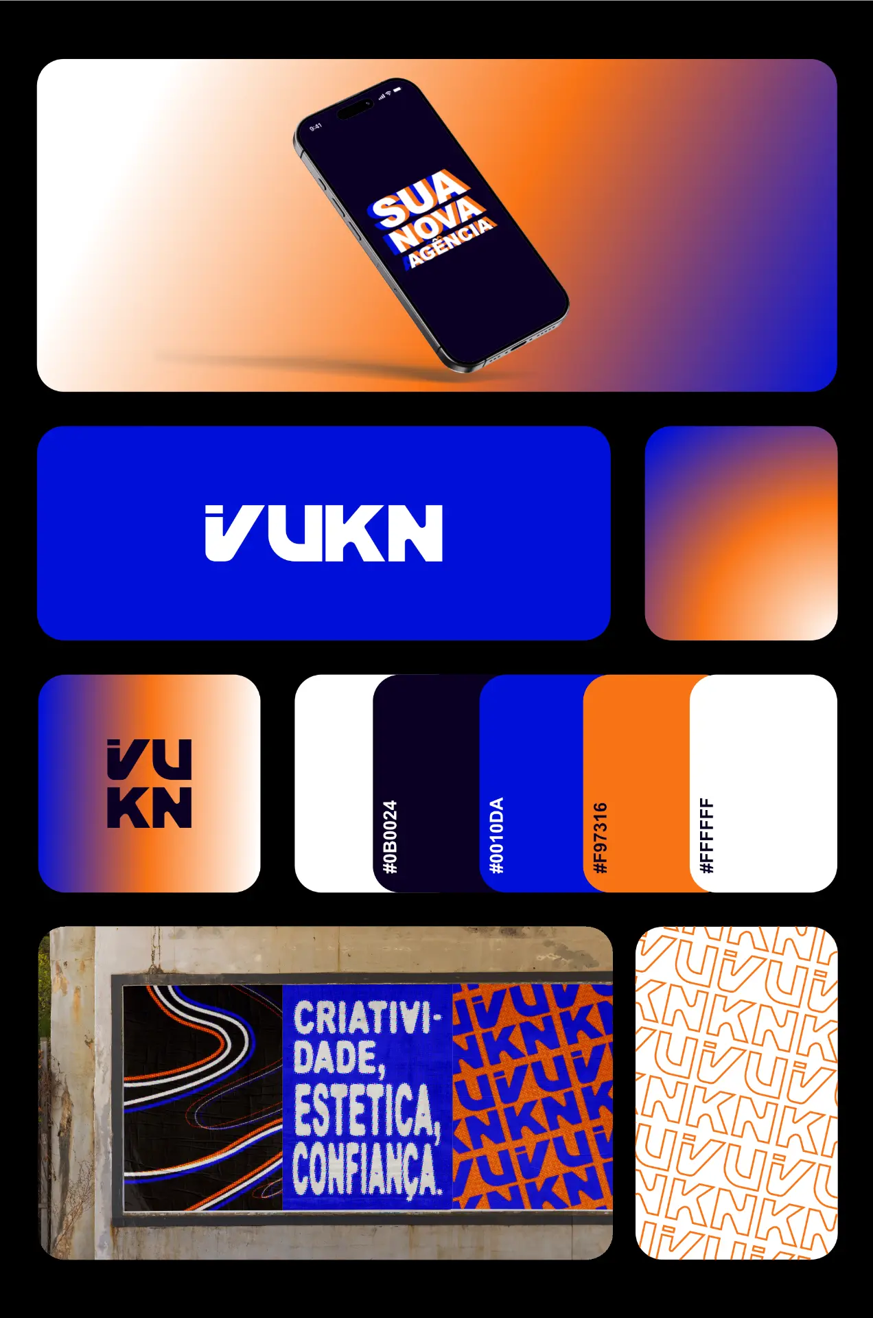 Identidade visual da agência VUKN: logo, paleta azul e laranja e aplicações